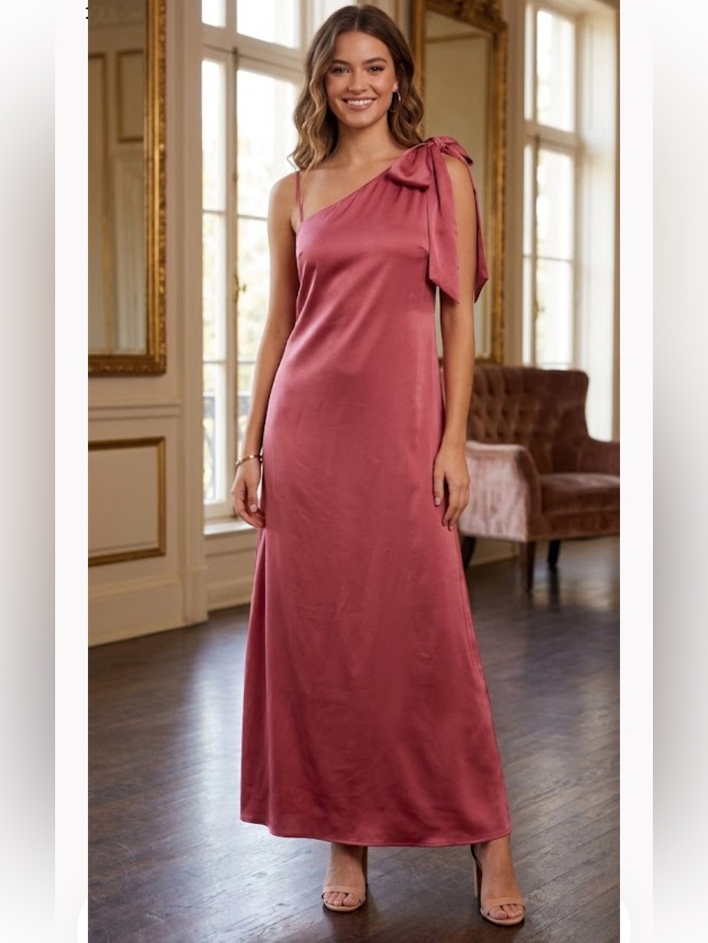 Free People One-Shoulder Rose Pink Maxi Dress with Shoulder Bow